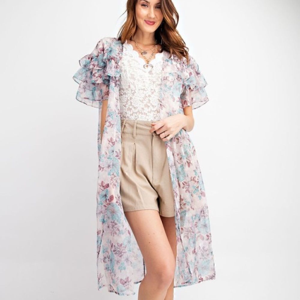 NEW! Beautiful Boho Sheer Floral Long Kimono with Ruffled Sleeves and Back
